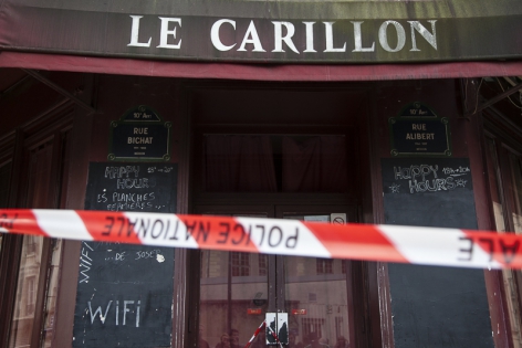  Police cordoned off the bar 'Le Carillon' after deadly attacks in Paris, France.