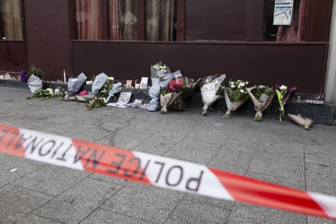  Flowers laid outside the Carillon bar in Paris, France.